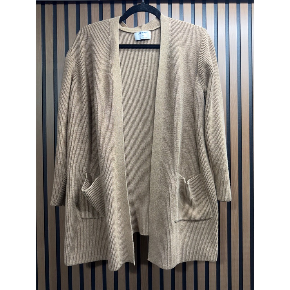 Old Navy Womens XXL Tan Ribbed Knit Open Front Cardigan Sweater Patch Pockets